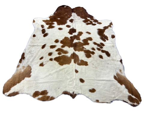 Brown & White Cowhide Rug (longish hair) Size: 6.2x6.2 feet O-346