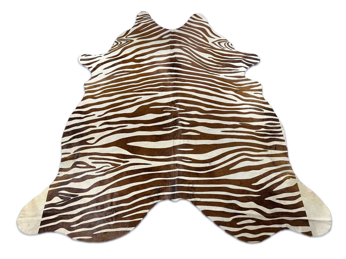 Horizontal Stripe Zebra Cowhide Rug with Brown Stripes (small patch/ fire brands) Size: 7.5x6.5 feet O-361