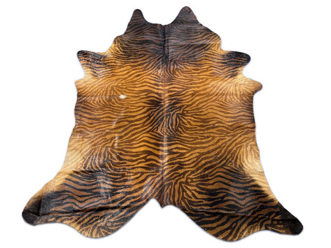 Beautiful Small Tiger Print Cowhide Rug (background is brown 2 tone) Size: 8x7 feet O-366