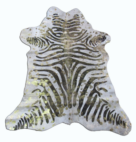 Zebra Printed Calf Skin Rug With Gold Metallic Acid Washed Size: 33x28" C-1317