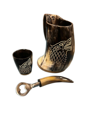 Viking Horn Mug with 1 short horn glass and 1 horn bottle opener