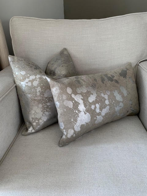 Silver Acid Washed Cowhide Pillow Cover - Lumbar - Size: 20 in x 11.5 in