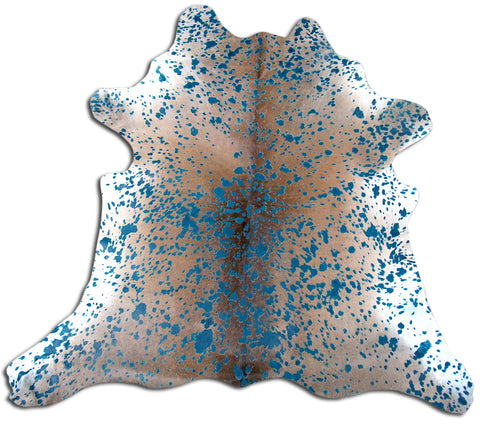 Turquoise Acid Washed on Natural Beige/Brown Calfskin Rug - Average Size ~35" X 30"
