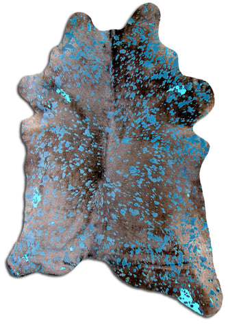 Turquoise Acid Washed on Natural Beige/Brown Calfskin Rug - Average Size ~35" X 30"
