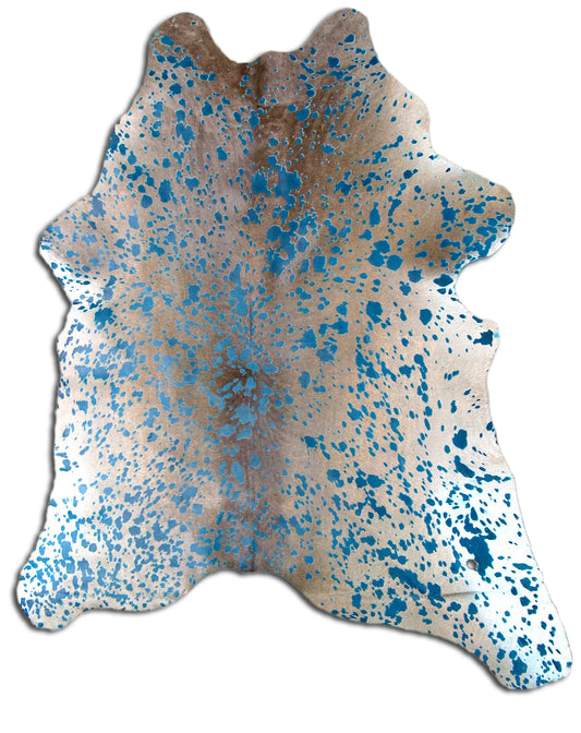 Turquoise Acid Washed on Natural Beige/Brown Calfskin Rug - Average Size ~35" X 30"